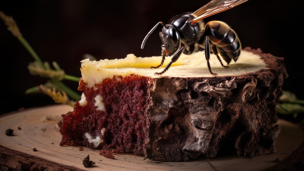 Большой кусок шоколадного торта с пчелой