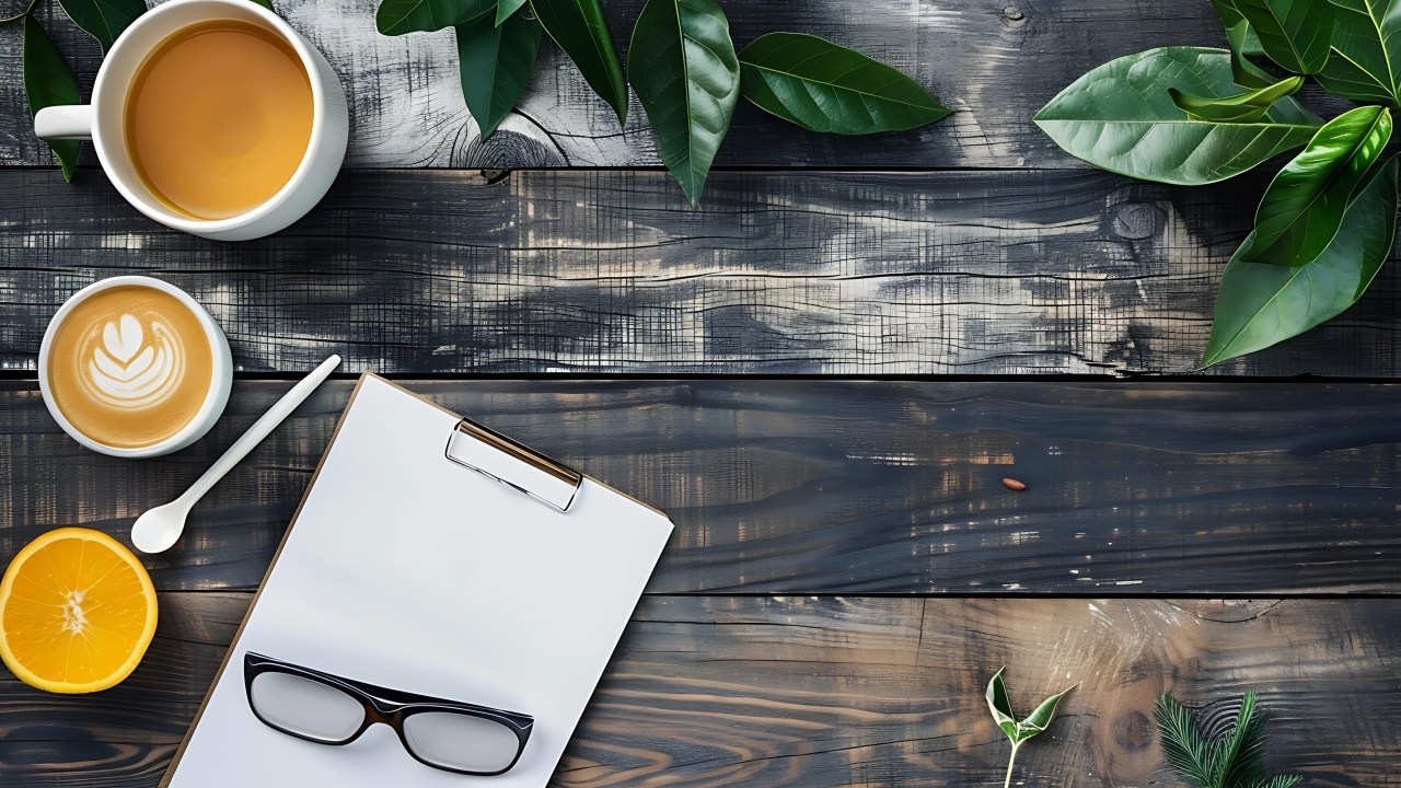 Кофе на столе с блокнотом, очками и зелеными листьями
