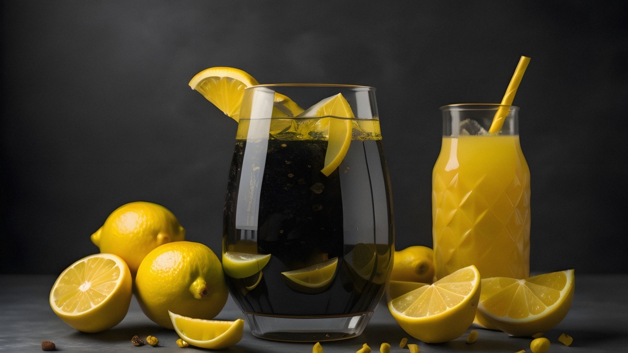 Лимонад на столе с лимонами и соком