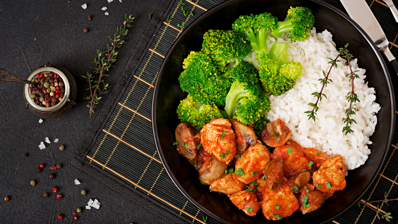 Курица с рисом и брокколи на сковороде