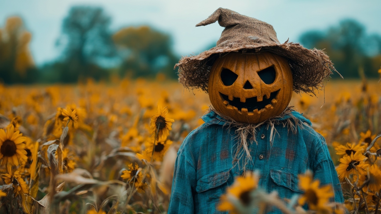 Пугало из тыквы в рубашке на поле
