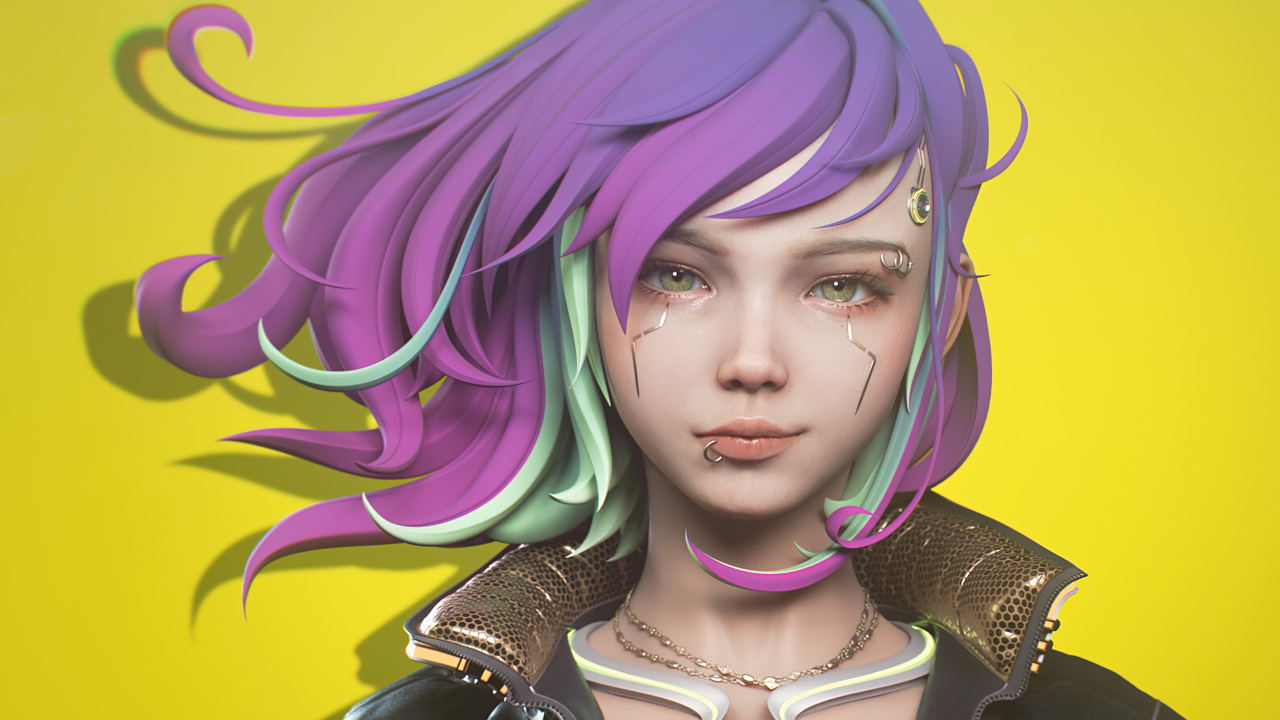 Девушка cyberpunk с сиреневыми волосами