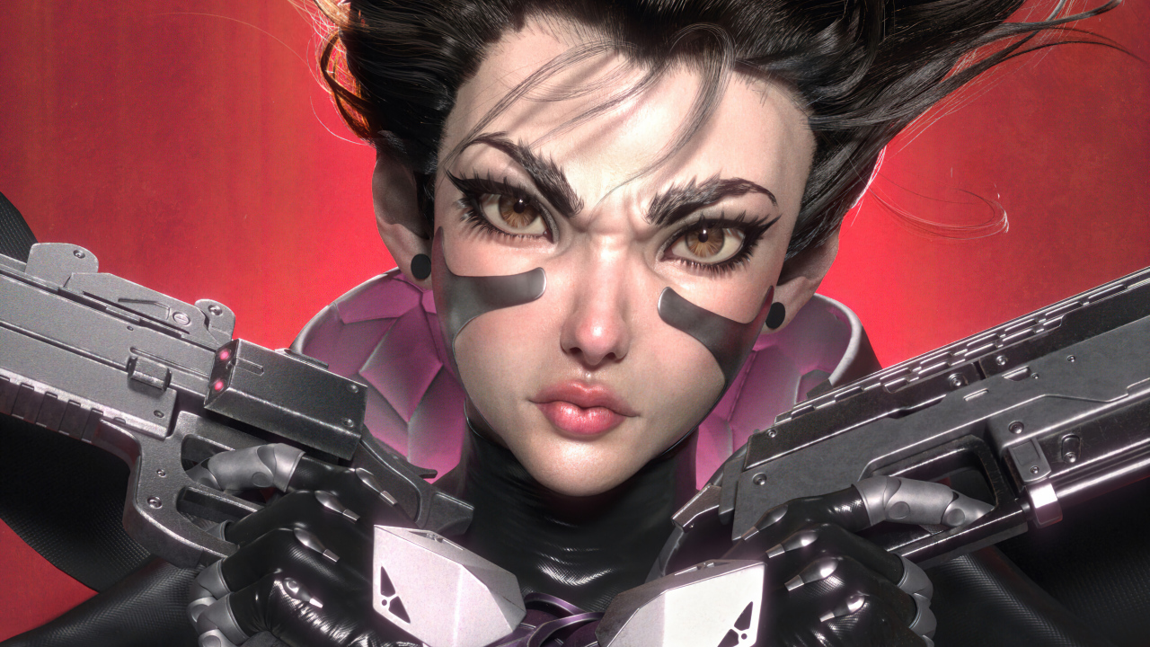 Девушка солдат с оружиев в руках 