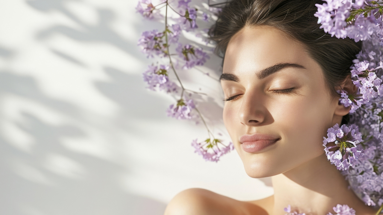 Красивая девушка с закрытыми глазами в цветах сирени