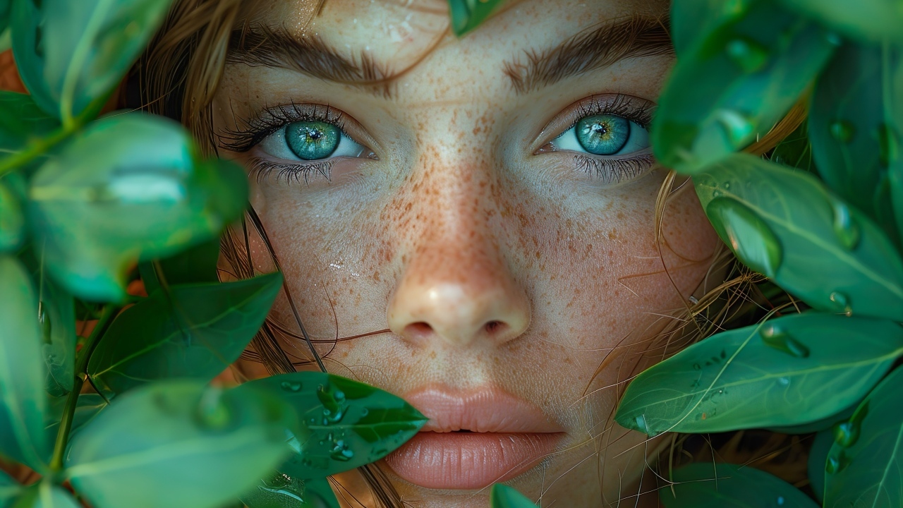 Красивая зеленоглазая девушка в зеленых листьях