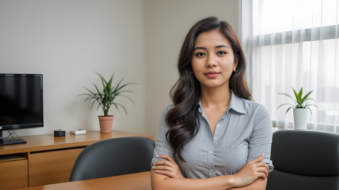 Милая девушка азиатка в серой рубашке за столом в офисе