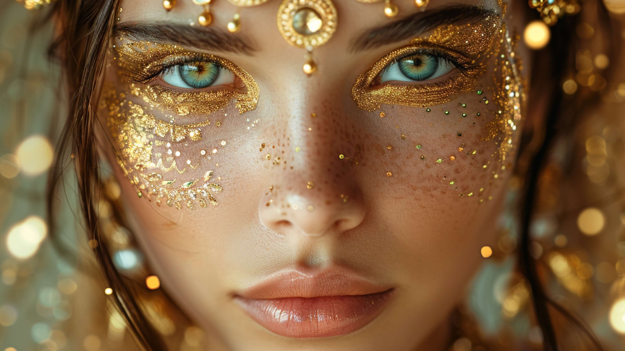 Зеленоглазая девушка с блестящим макияжем на лице