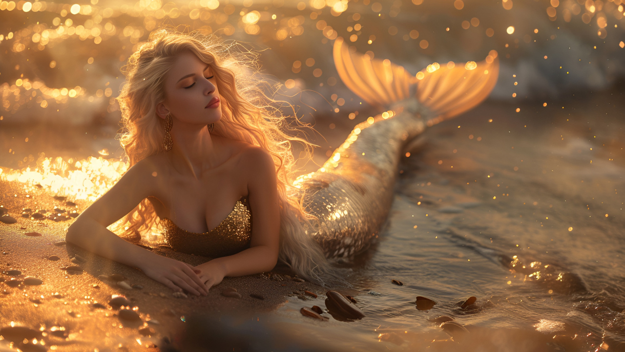 Длинноволосая девушка русалка в воде