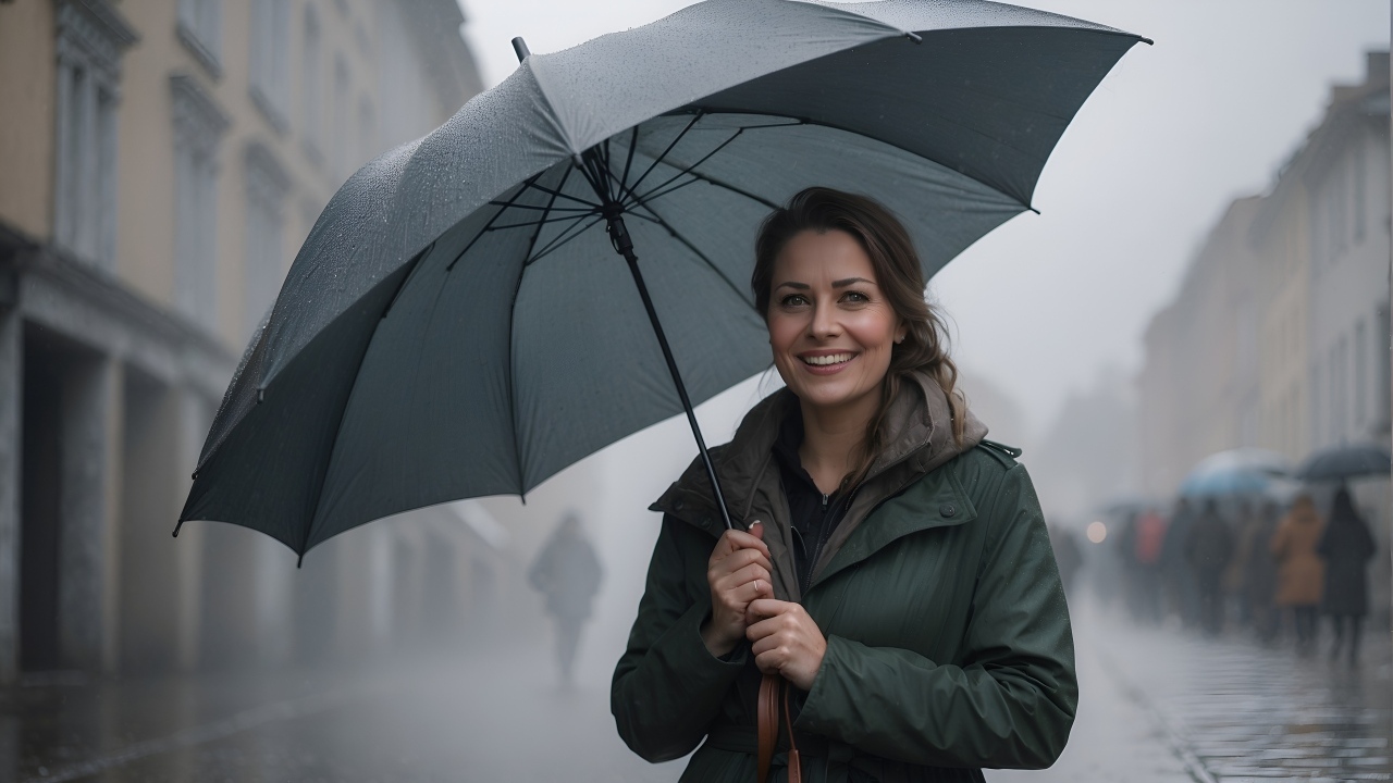Улыбающаяся девушка под черным зонтом