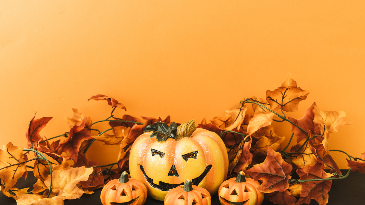 Композиция на оранжевом фоне на праздник Хэллоуин