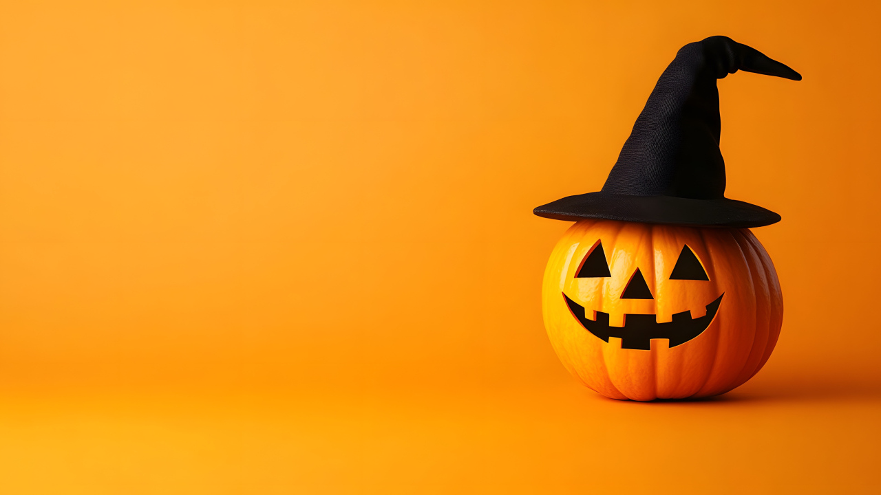 Тыква в черном колпаке, шаблон для открытки на Хэллоуин