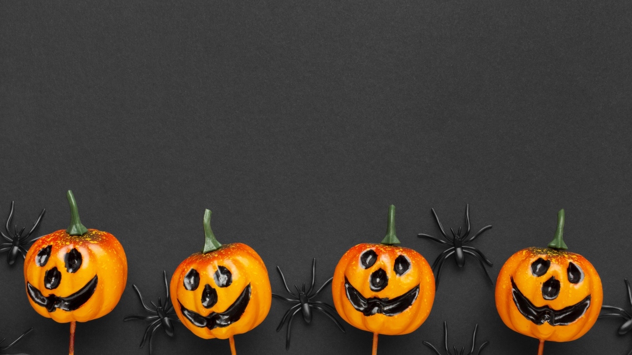 Тыквы с черными пауками на сером фоне на Хэллоуин