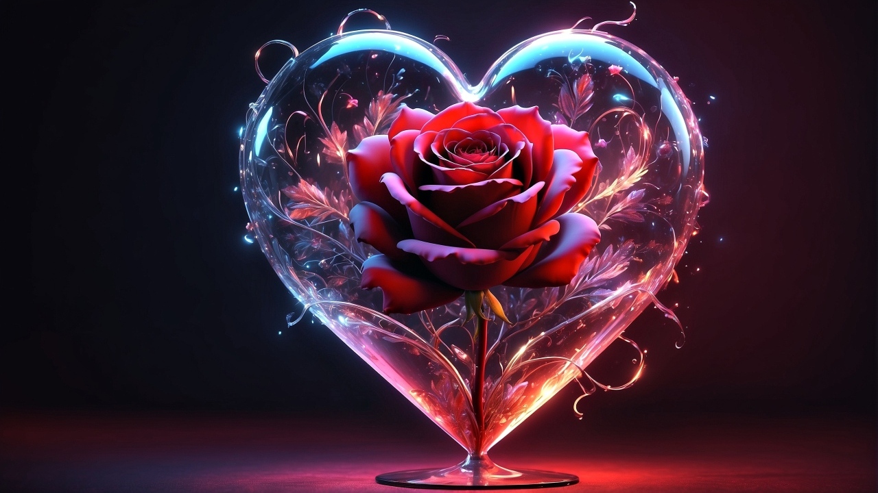 Красная роза в большом прозрачном сердце