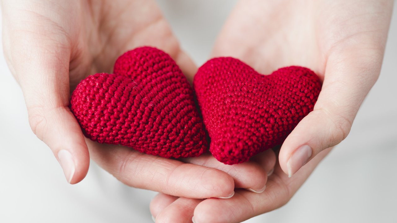 Два красных вязаных сердечка в руках девушки
