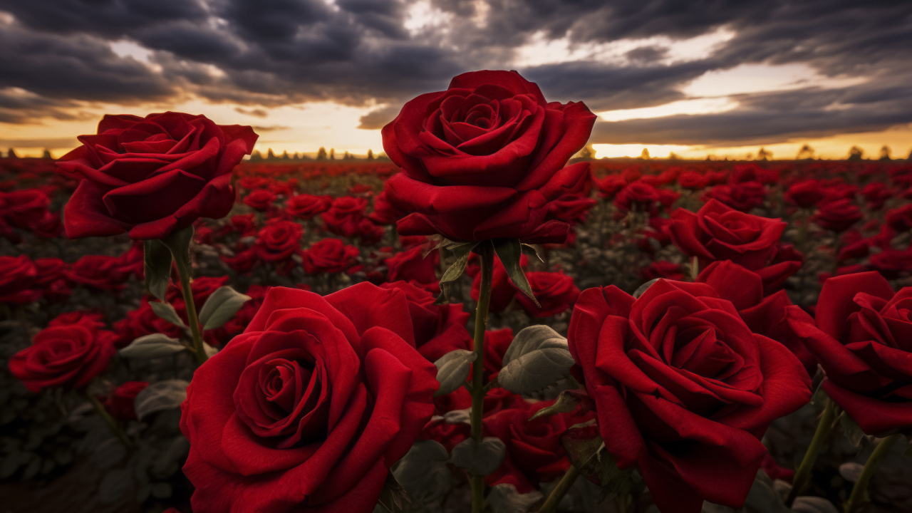 Красивые бордовые розы на поле под грозовым небом