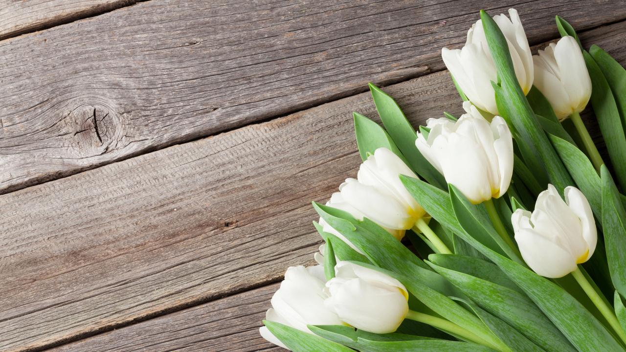 Букет нежных белых тюльпанов с зелеными листьями на деревянном столе