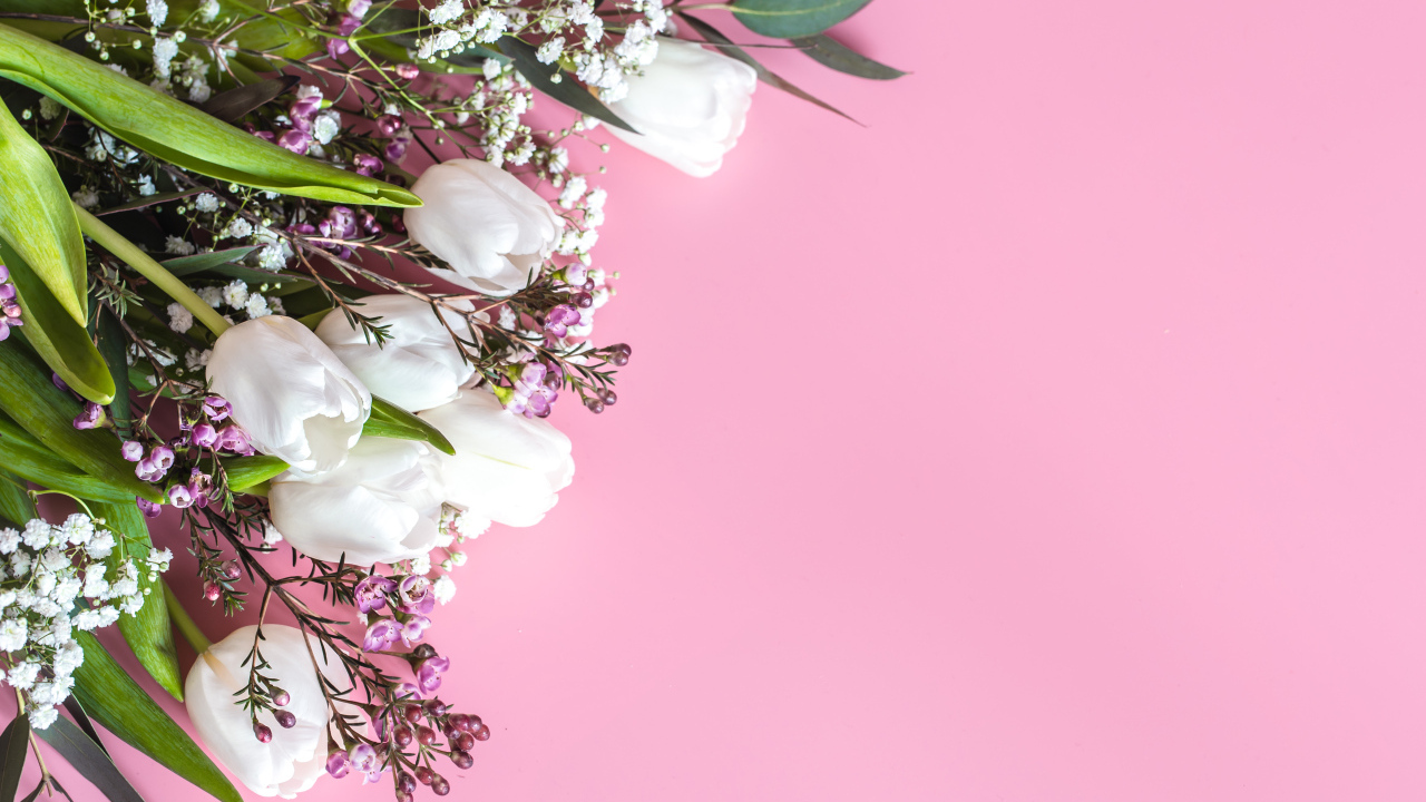 Букет весенних цветов на розовом фоне
