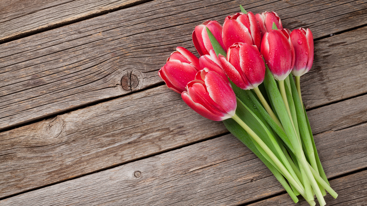 Букет мокрых красных тюльпанов на деревянном столе