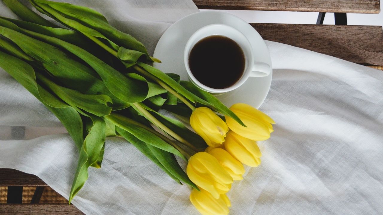 Букет желтых тюльпанов с чашкой кофе на лавке