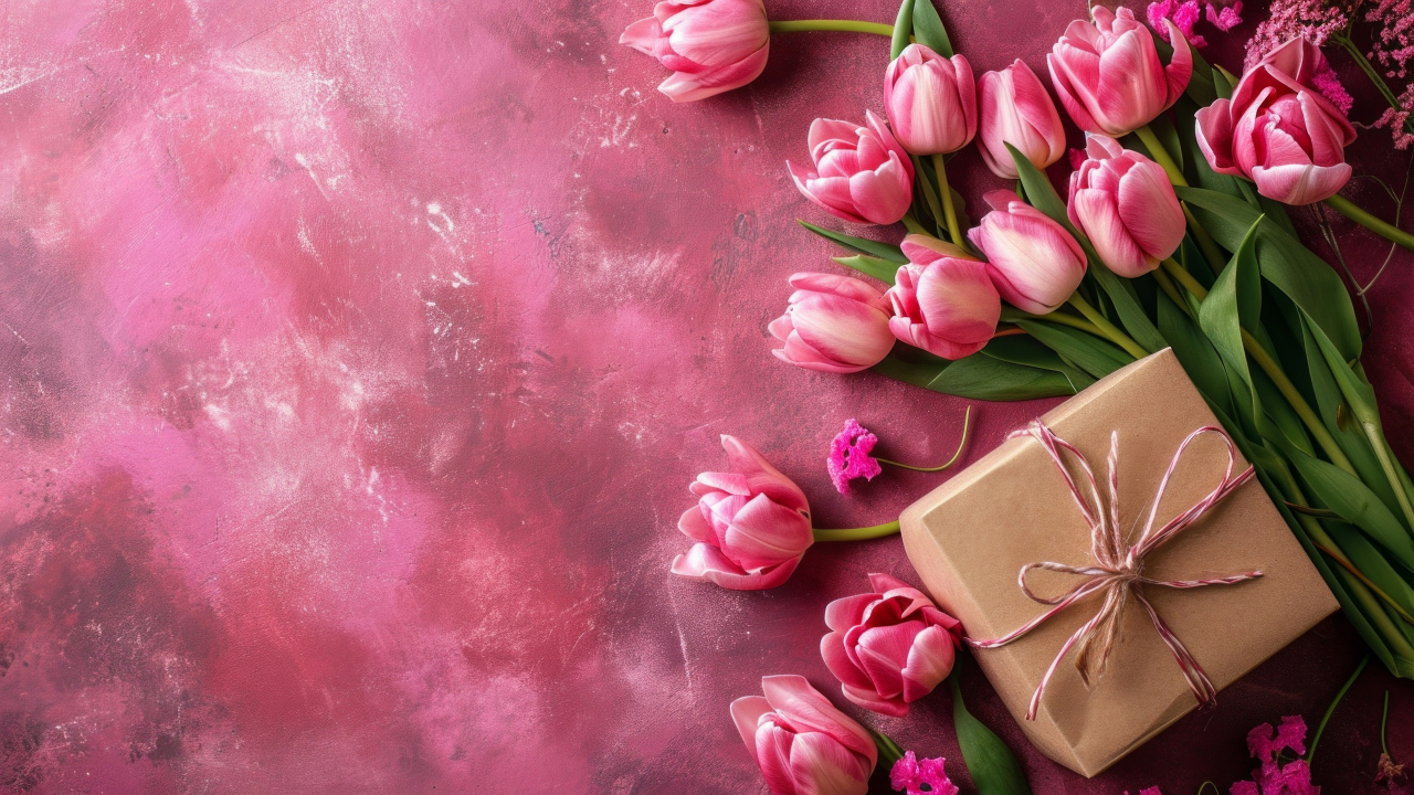 Подарок и красивый букет тюльпанов на необычном розовом фоне
