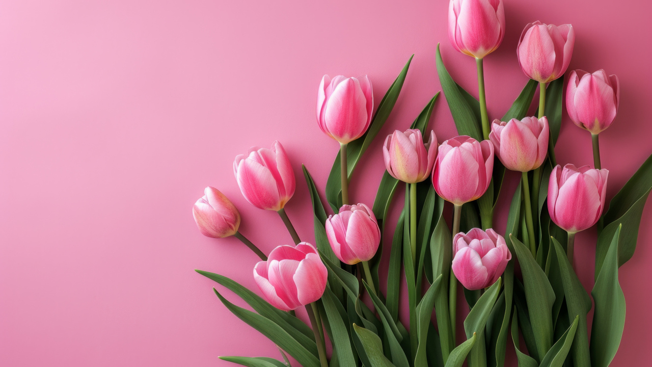 Много красивых весенних тюльпанов на розовом фоне