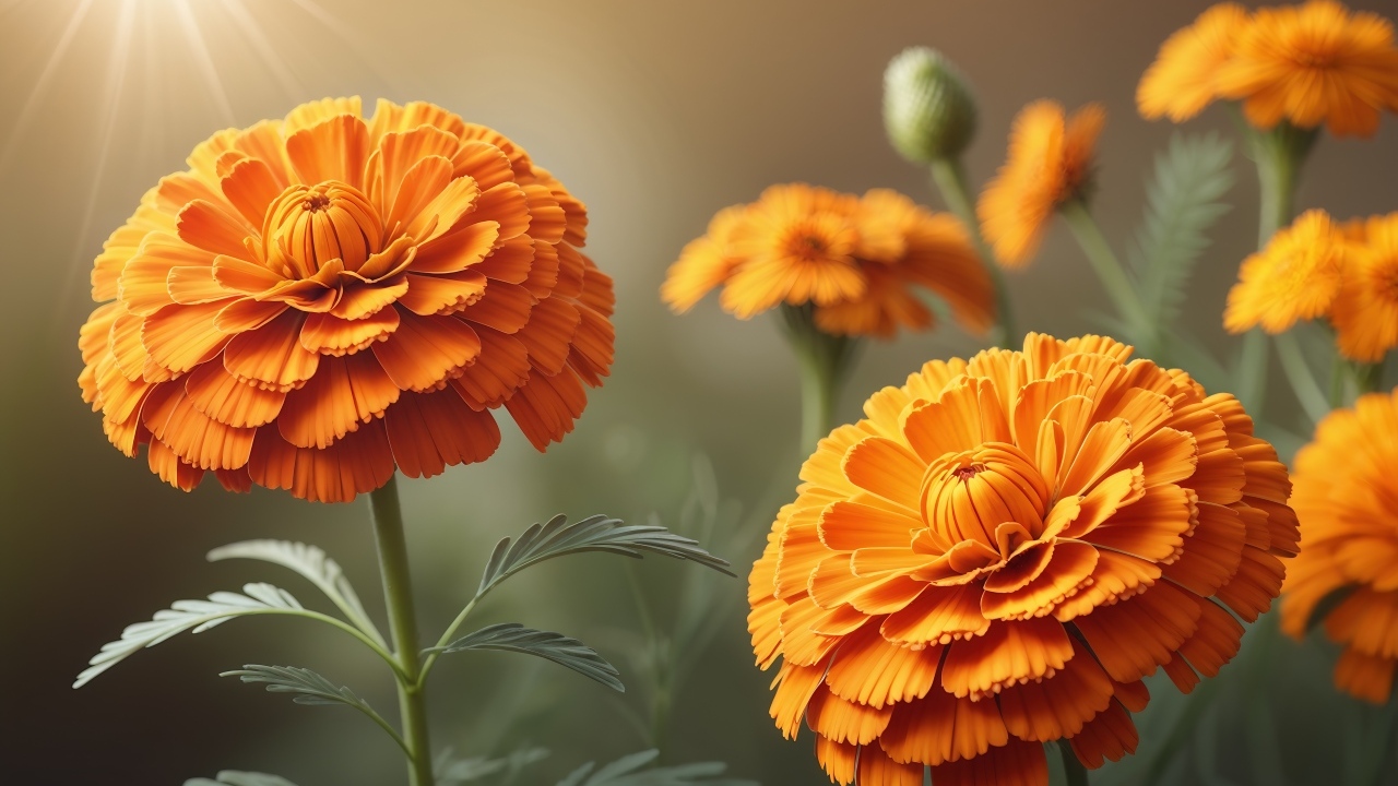 Оранжевые цветы бархатцы в лучах солнца