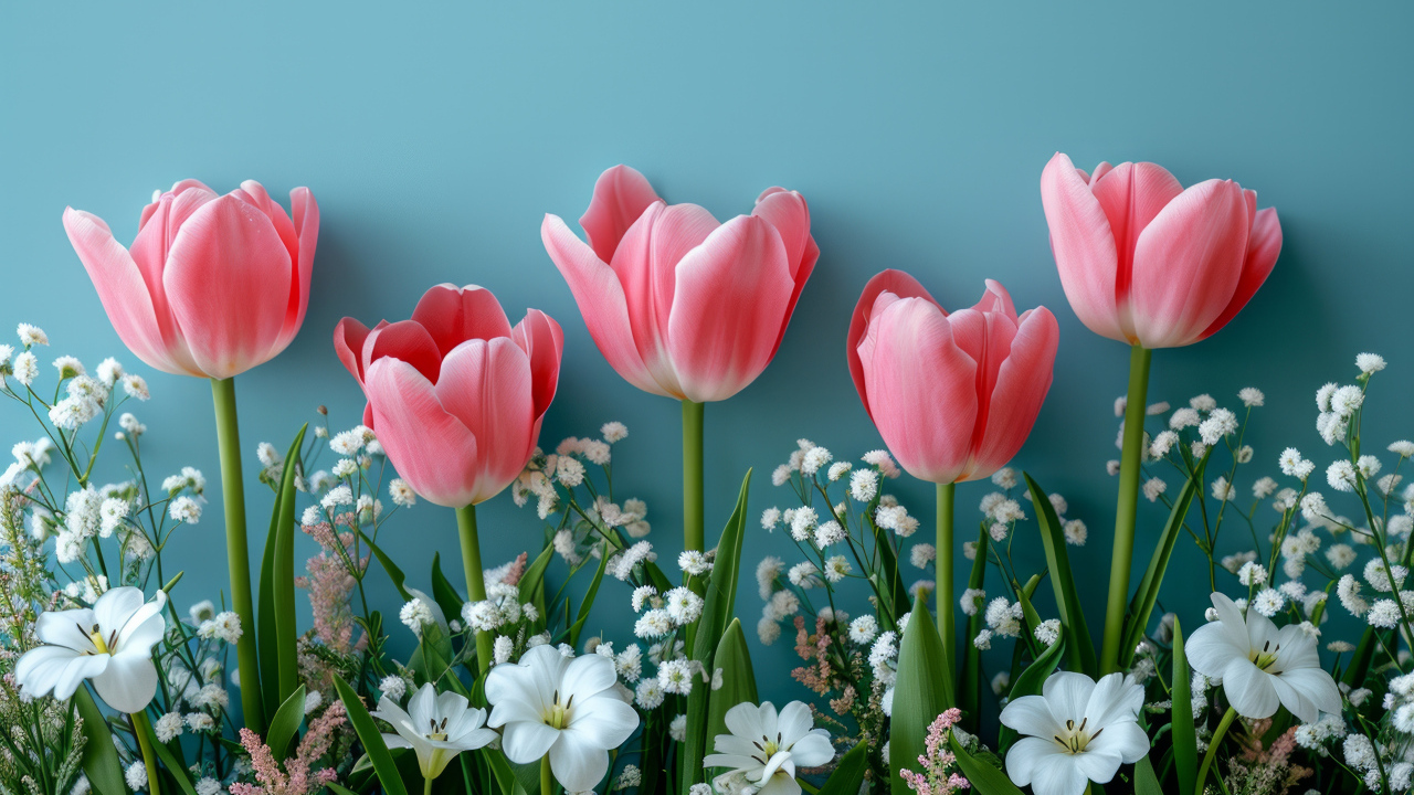 Розовые тюльпаны с белыми цветами на голубом столе