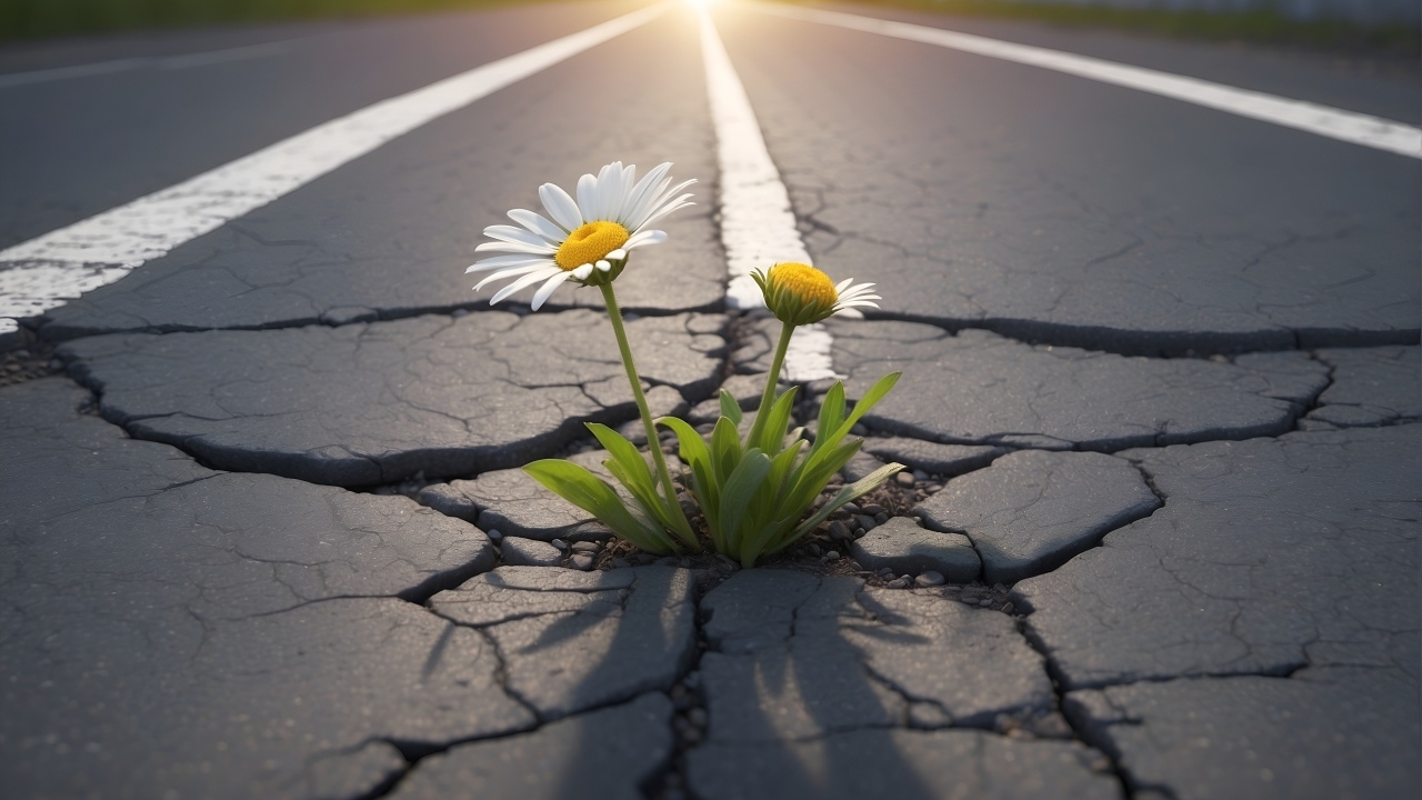 Белые цветы ромашки пробиваются на асфальте