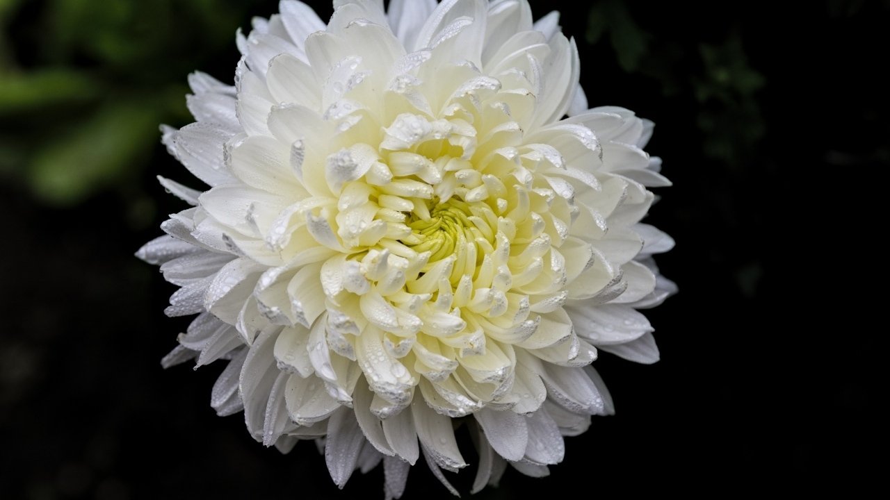 Белый цветок хризантемы в каплях росы