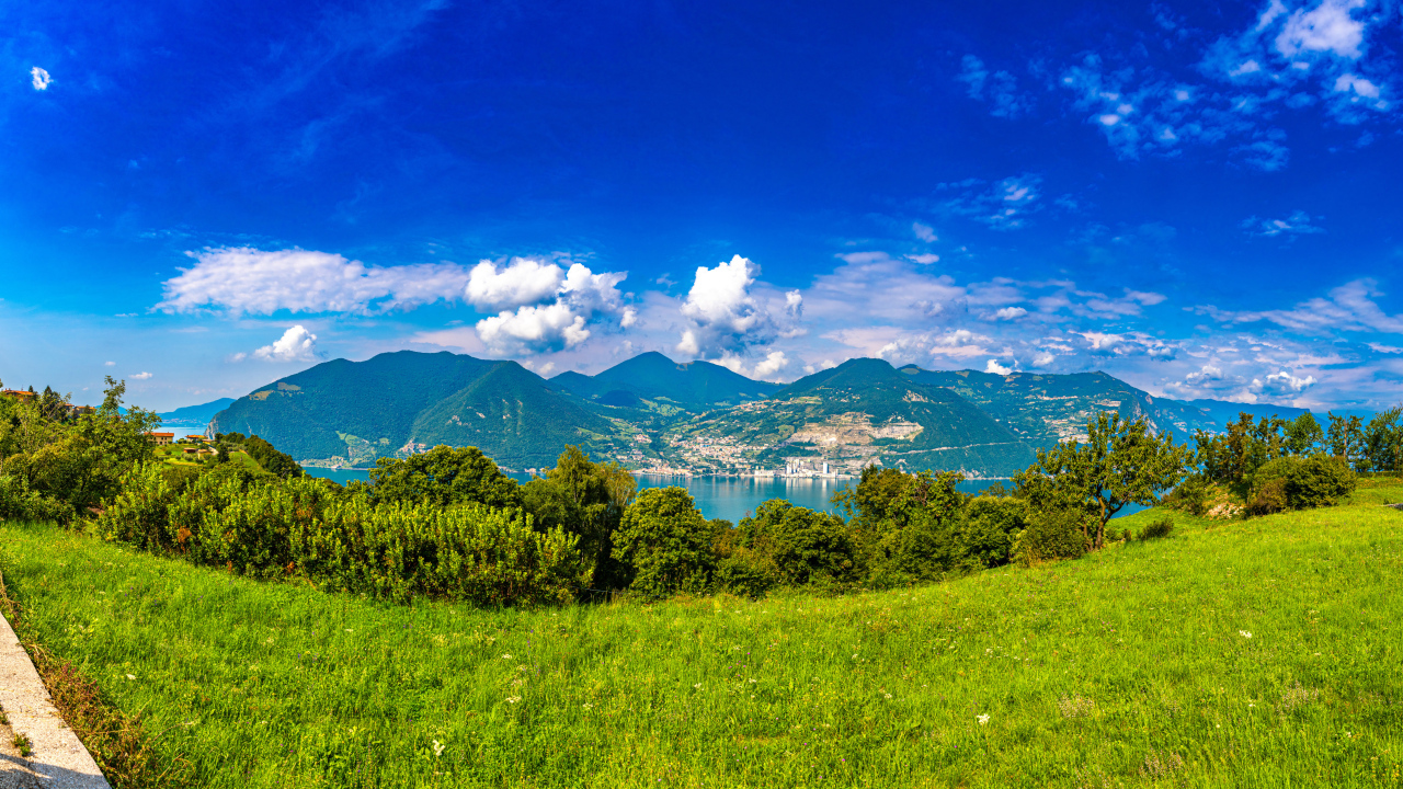 Красивая панорама на горы и зеленую траву