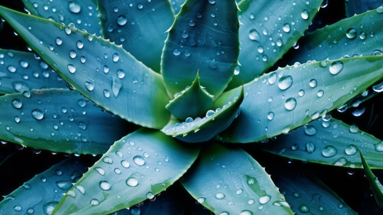 Большое зеленое алоэ в каплях воды