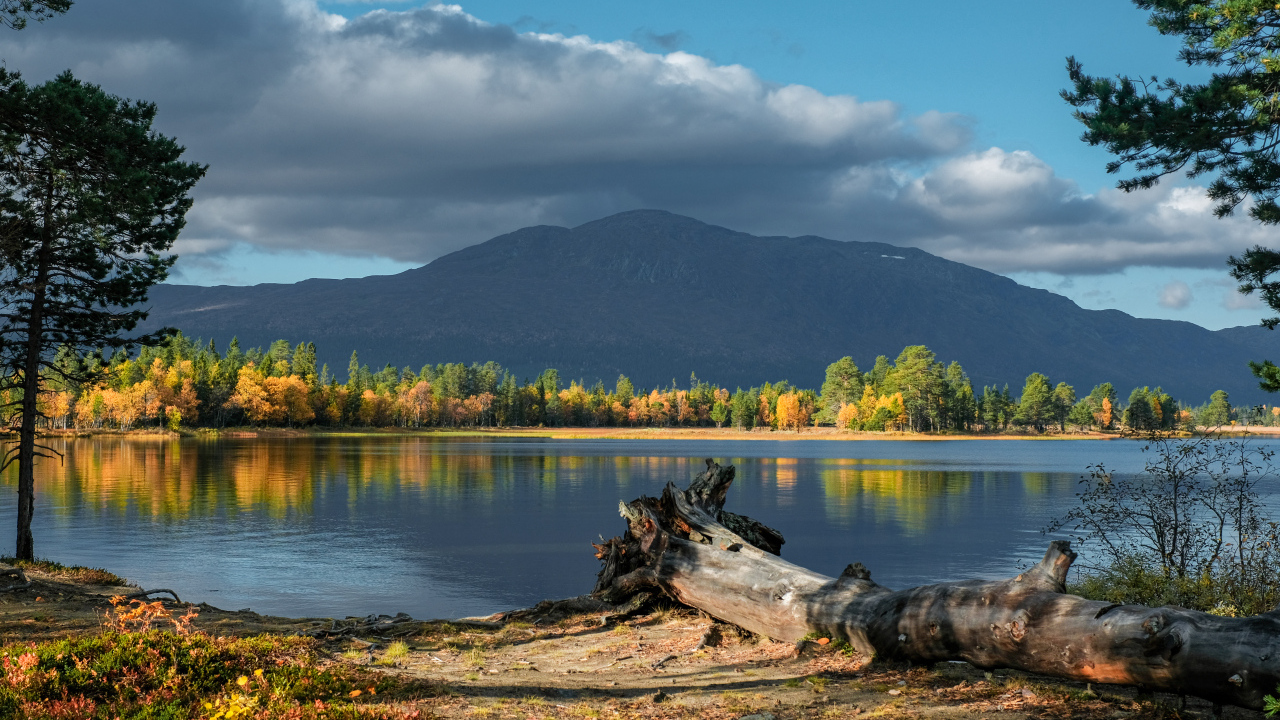 Красивый вид на озеро и гору осенью
