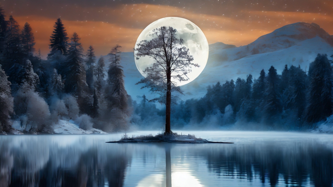 Большая белая луна за одиноким деревом у озера в горах