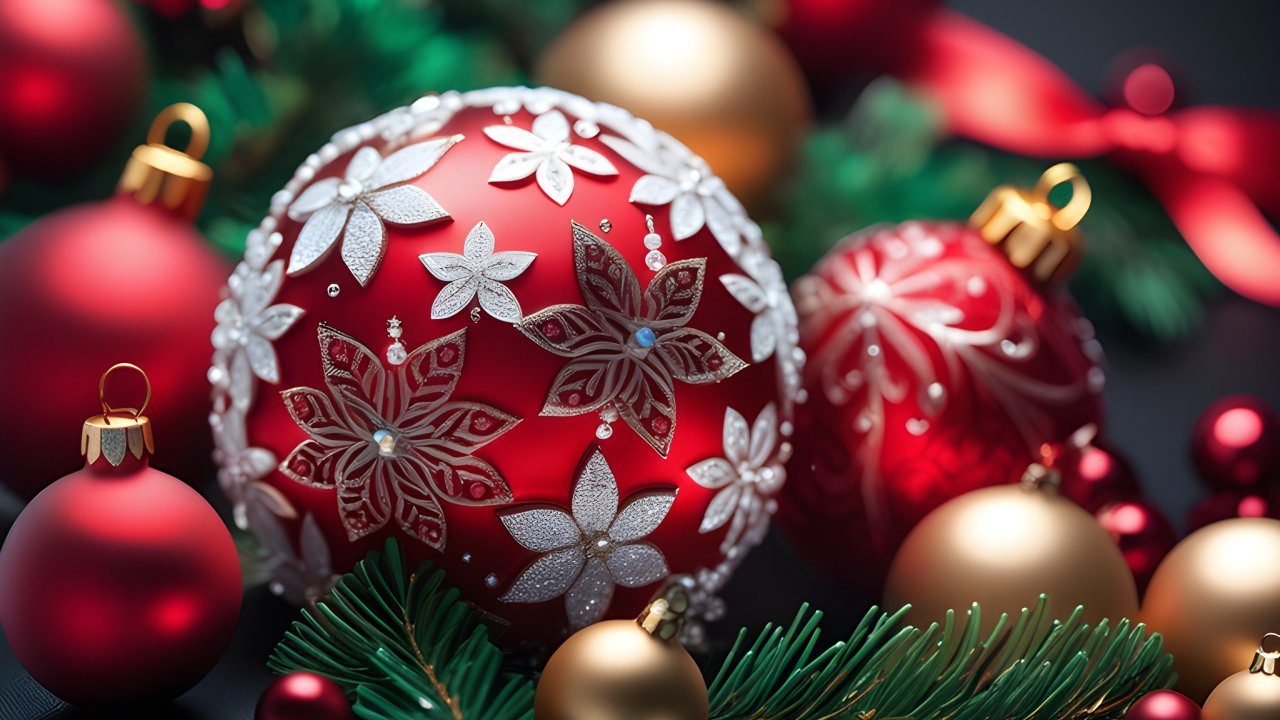 Красивый красный шар с цветами на елку