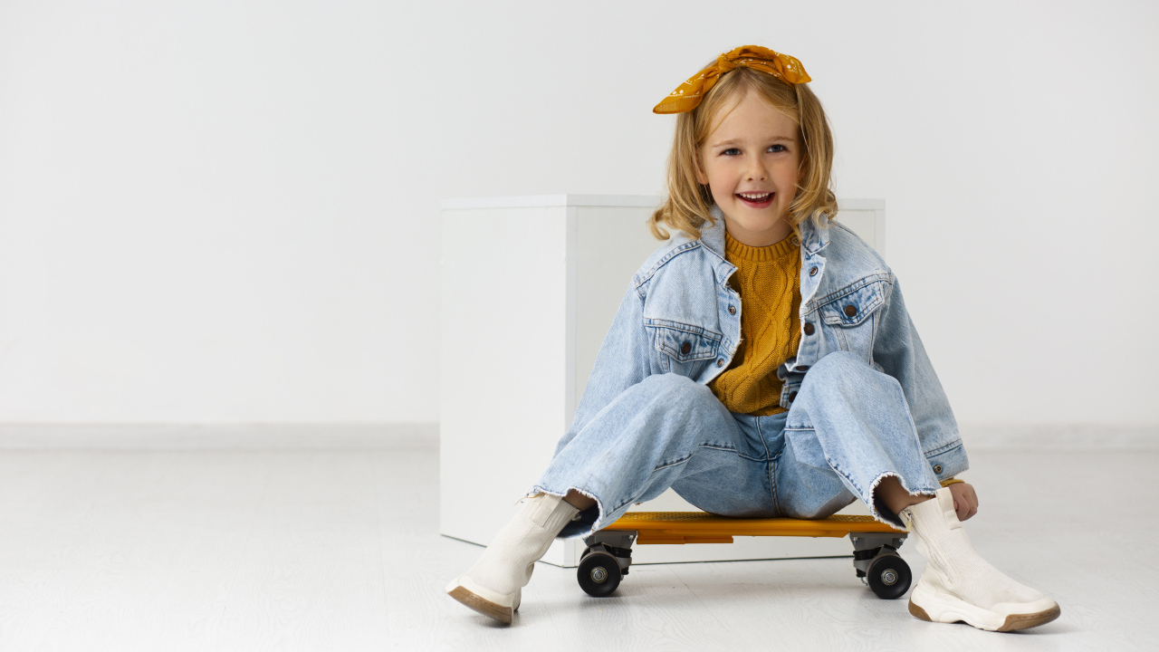 Веселая девочка на скейтборде в комнате