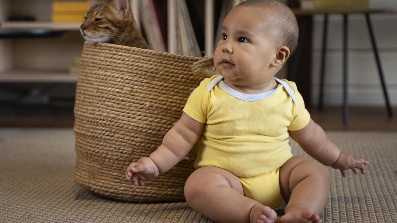 Маленький забавный ребенок с котом в корзине