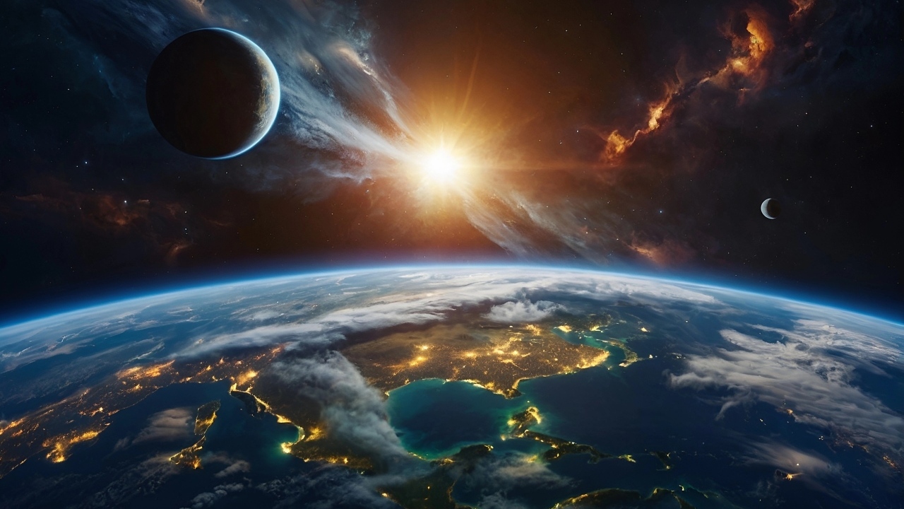 Яркая вспышка в космосе над планетой Земля