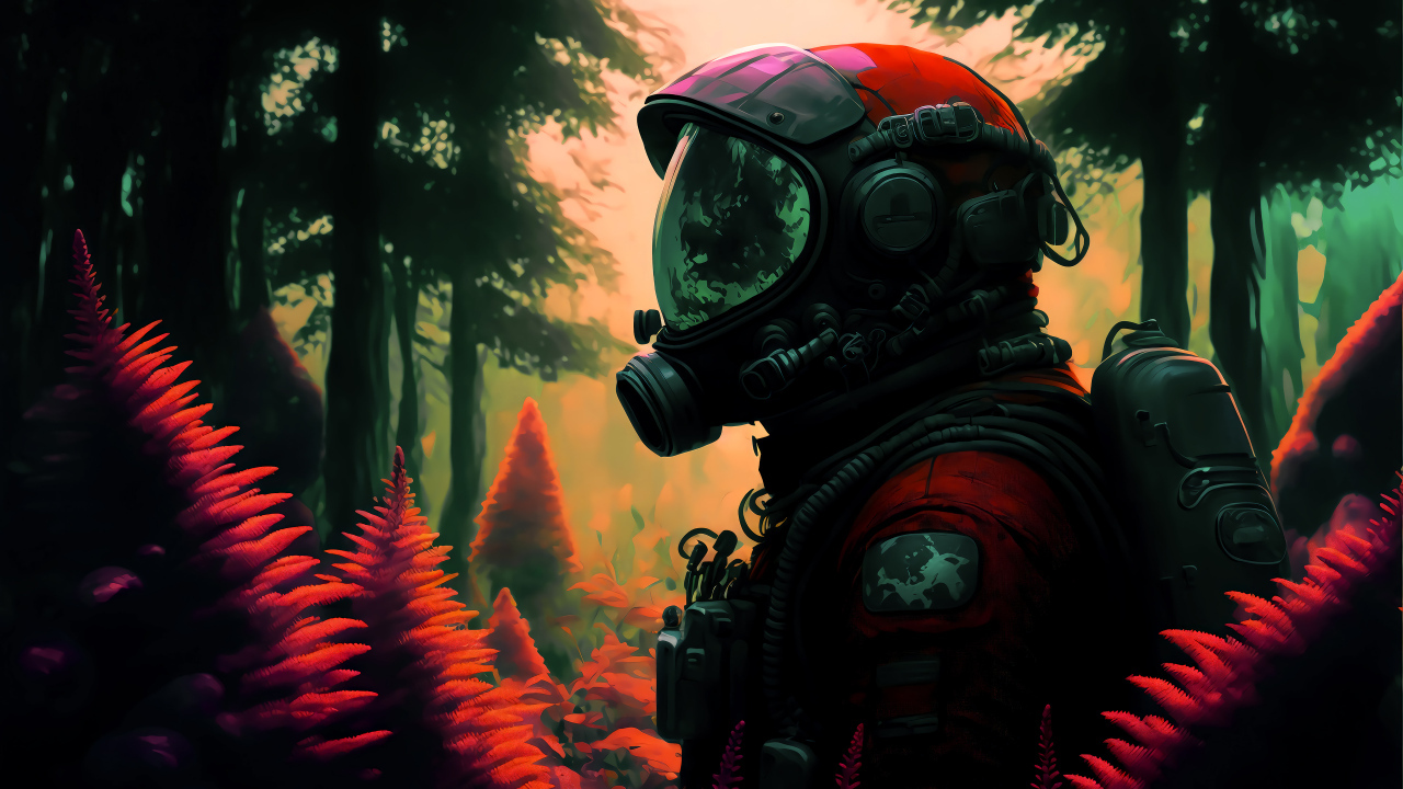 Мужчина астронавт в скафандре в лесу