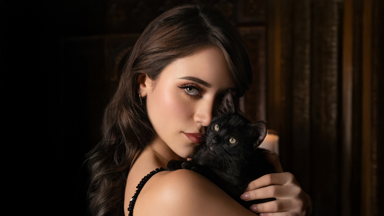 Молодая актриса Кэйли Кауэн с черным котенком