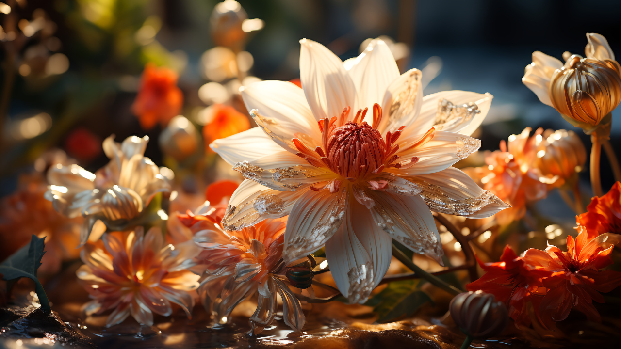 Распустившийся необычный цветок в воде с бутонами