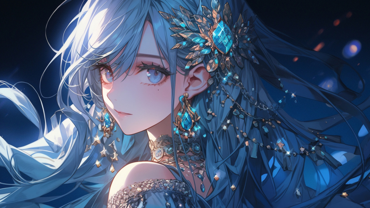 Девушка аниме с синими волосами с драгоценными камнями