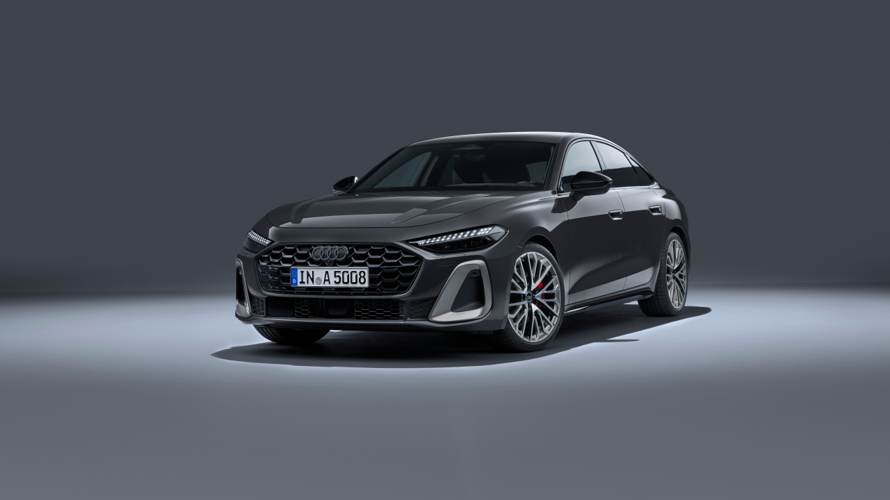 Автомобиль Audi A5 TFSI quattro S line 2024 года на сером фоне