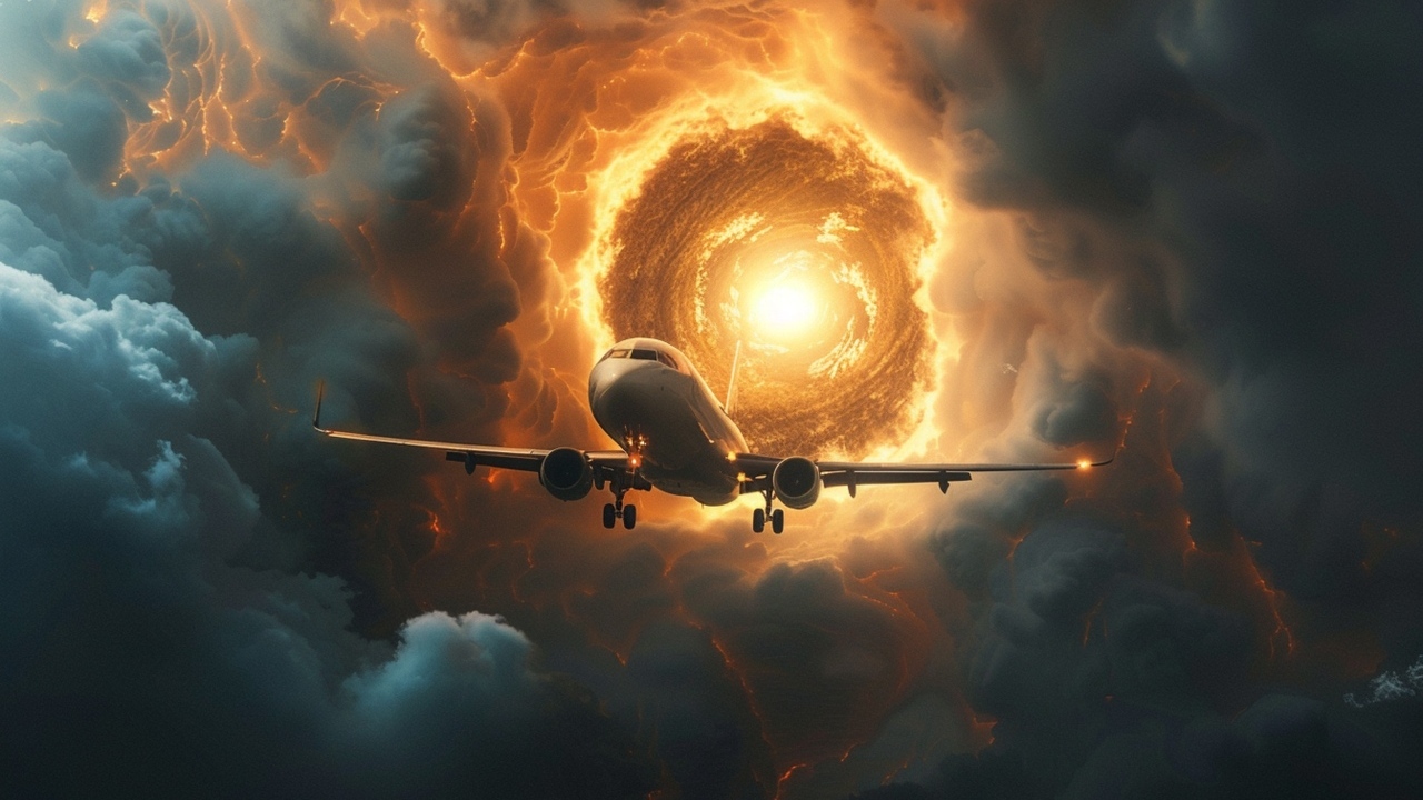 Пассажирский самолет затягивает в ураган