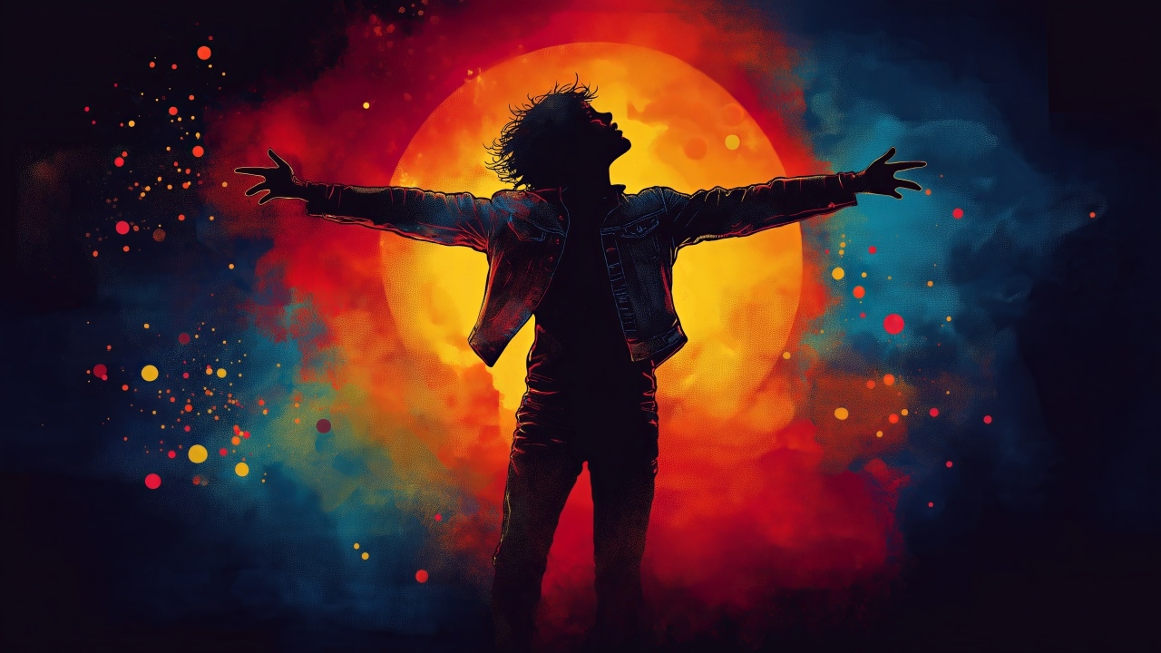 Нарисованный мужчина на фоне огненной луны