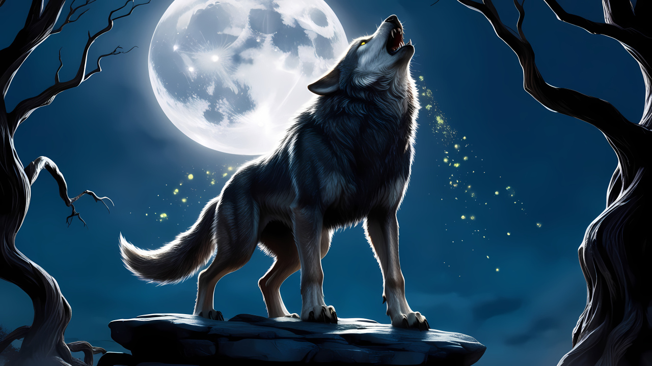 Нарисованный волк воет на луну