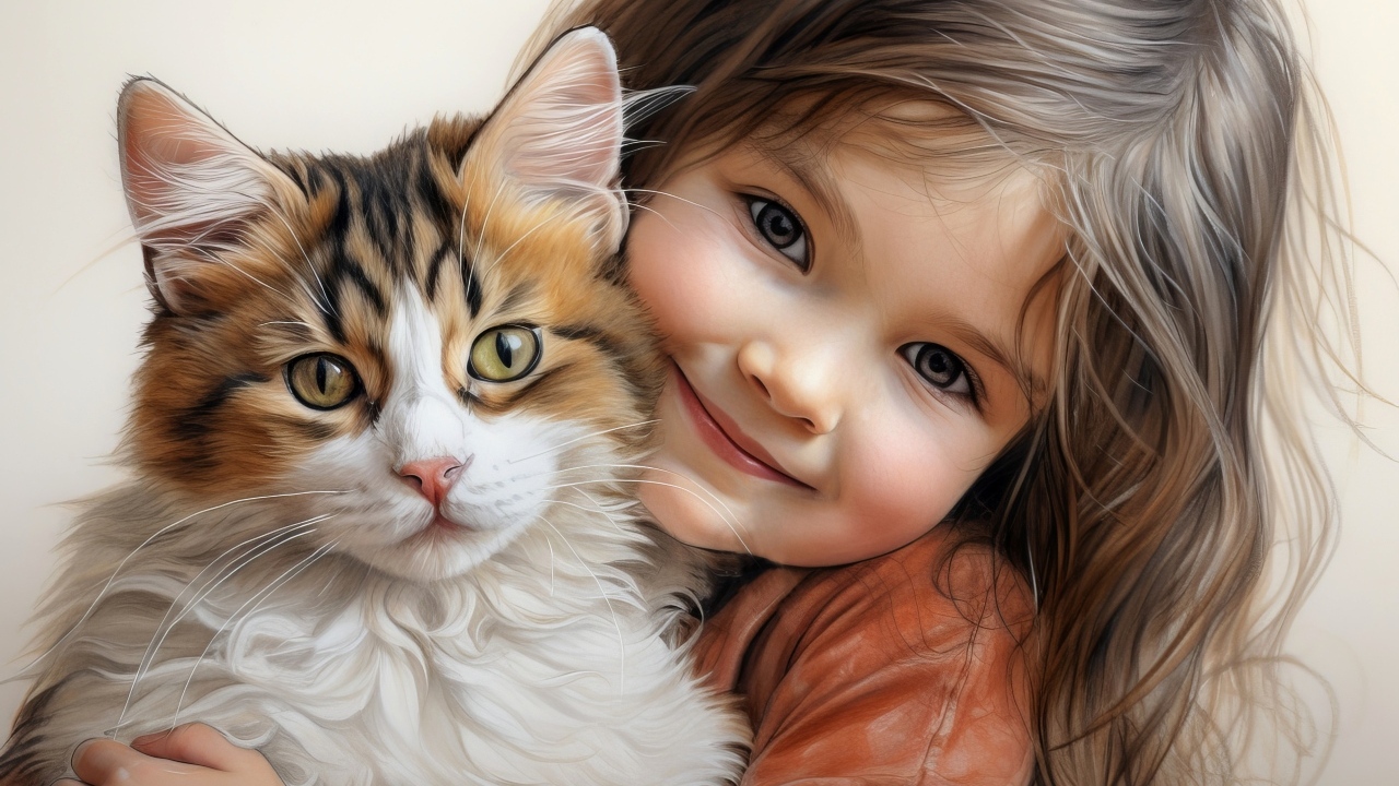 Красивая нарисованная девочка с котом