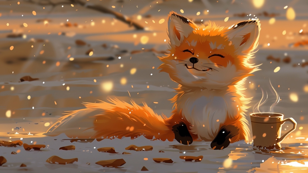 Нарисованный рыжий лисенок с чашкой