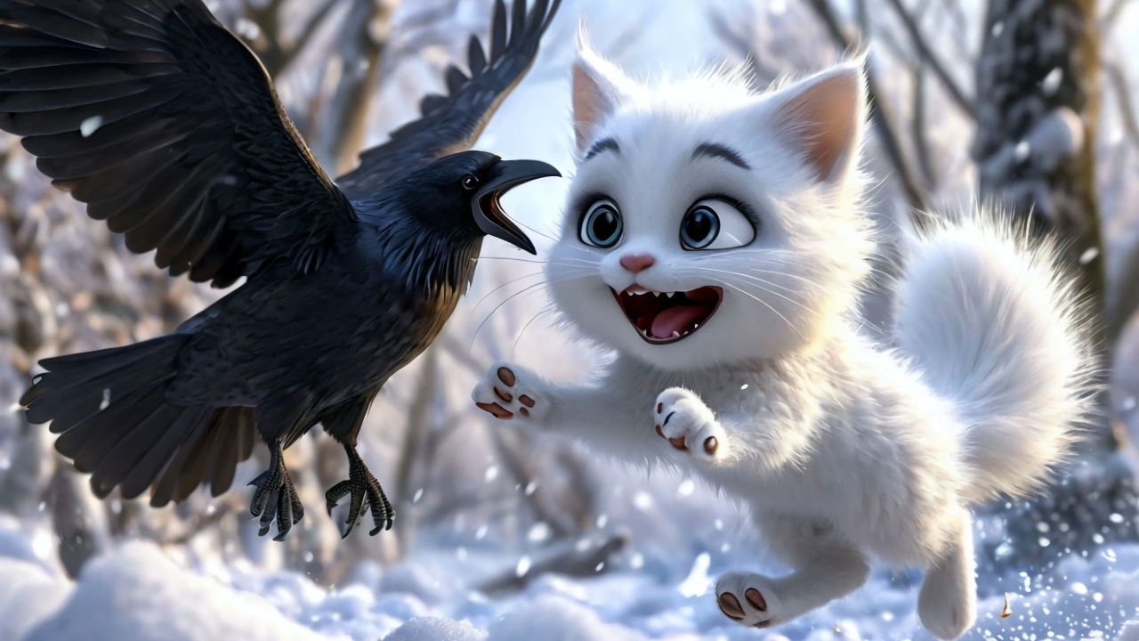 Нарисованный белый котенок играет с вороном