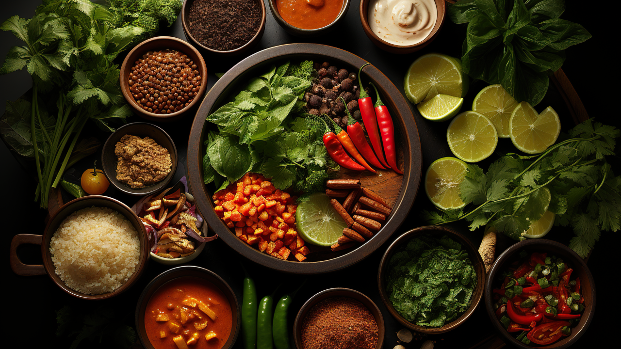 Ароматные специи, зелень и овощи на столе