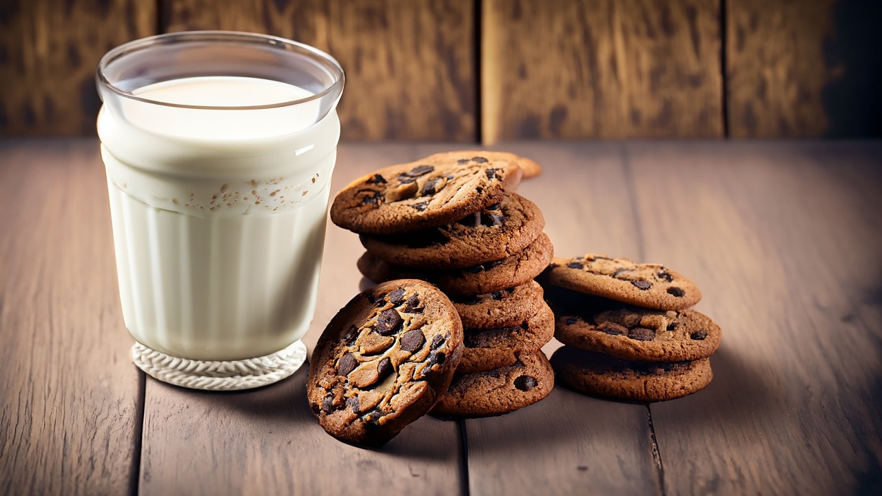 Стакан молока с круглым печеньем на столе